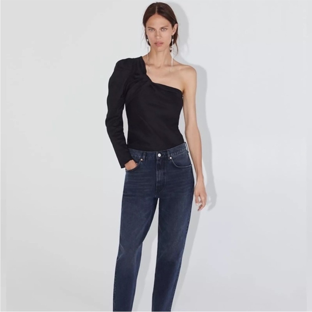 Zara Black One-Shoulder Asymmetrical Linen blend Top Pleated Stretch size XS NWT